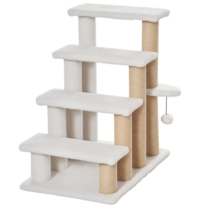 Escalera para Gatos de 4 Niveles, Escalera para Mascotas, Cubierto de Suave Felpa, Poste de Yute, Bola Colgante, Árbol Rascador para Gatos, 60x40x64 cm, Blanco