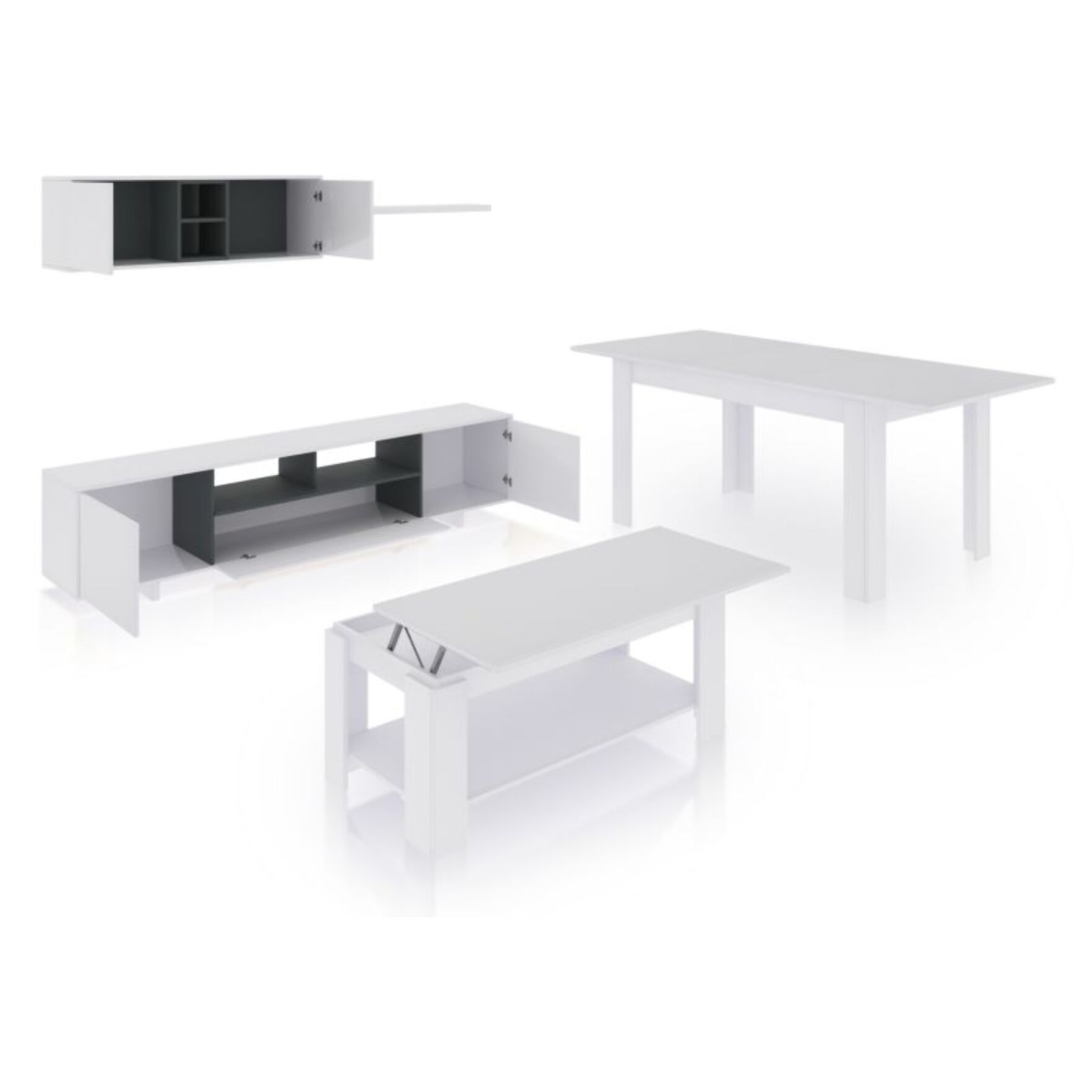 Pack salón con mesa de centro y mesa de comedor Kenzo Max V1A Blanco Brillo - Gris Antracita