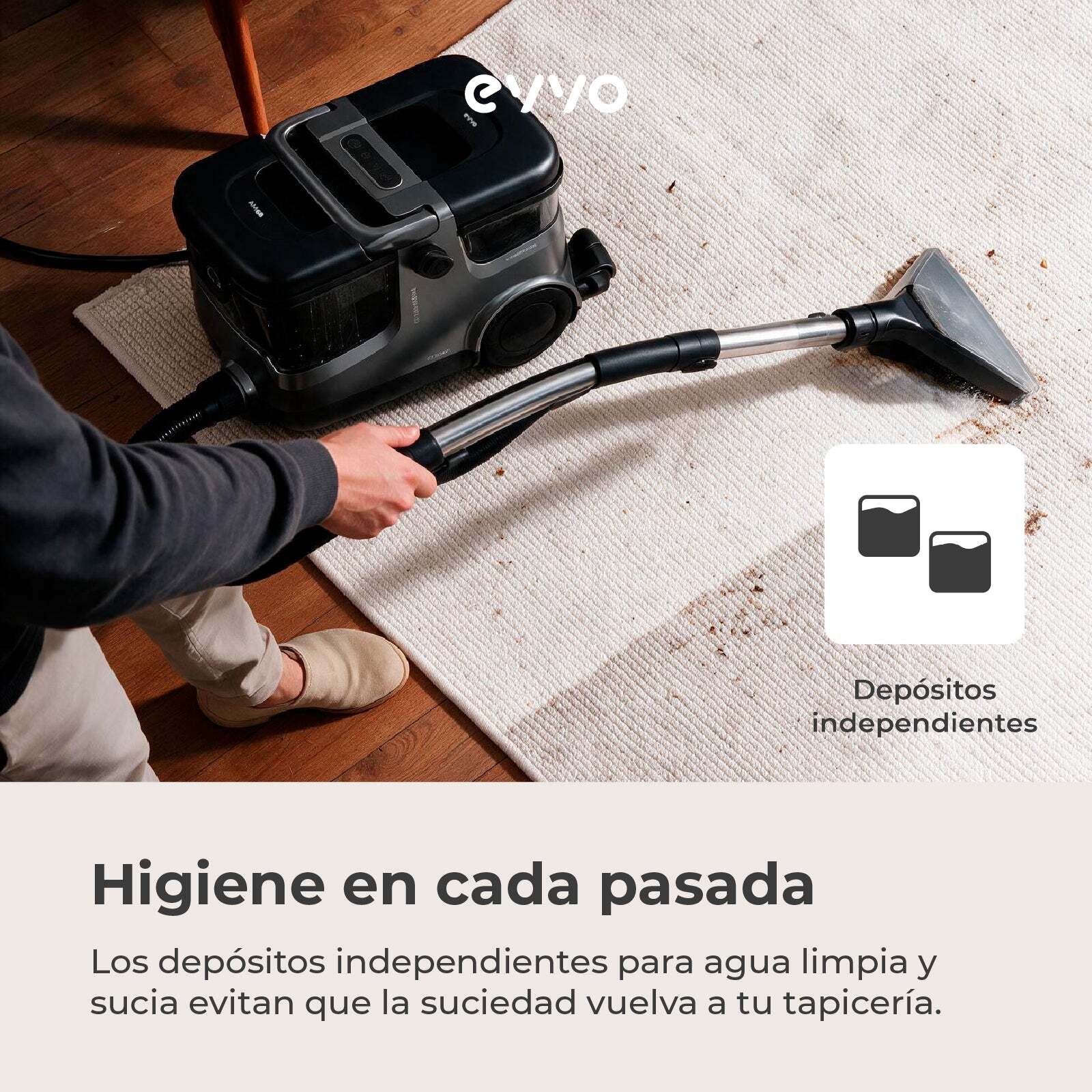 Limpiatapicerías EVVO AM68 1000W/1200W, Pulveriza y Aspira, Limpia Tapicerías y Sofás con Depósitos Separados