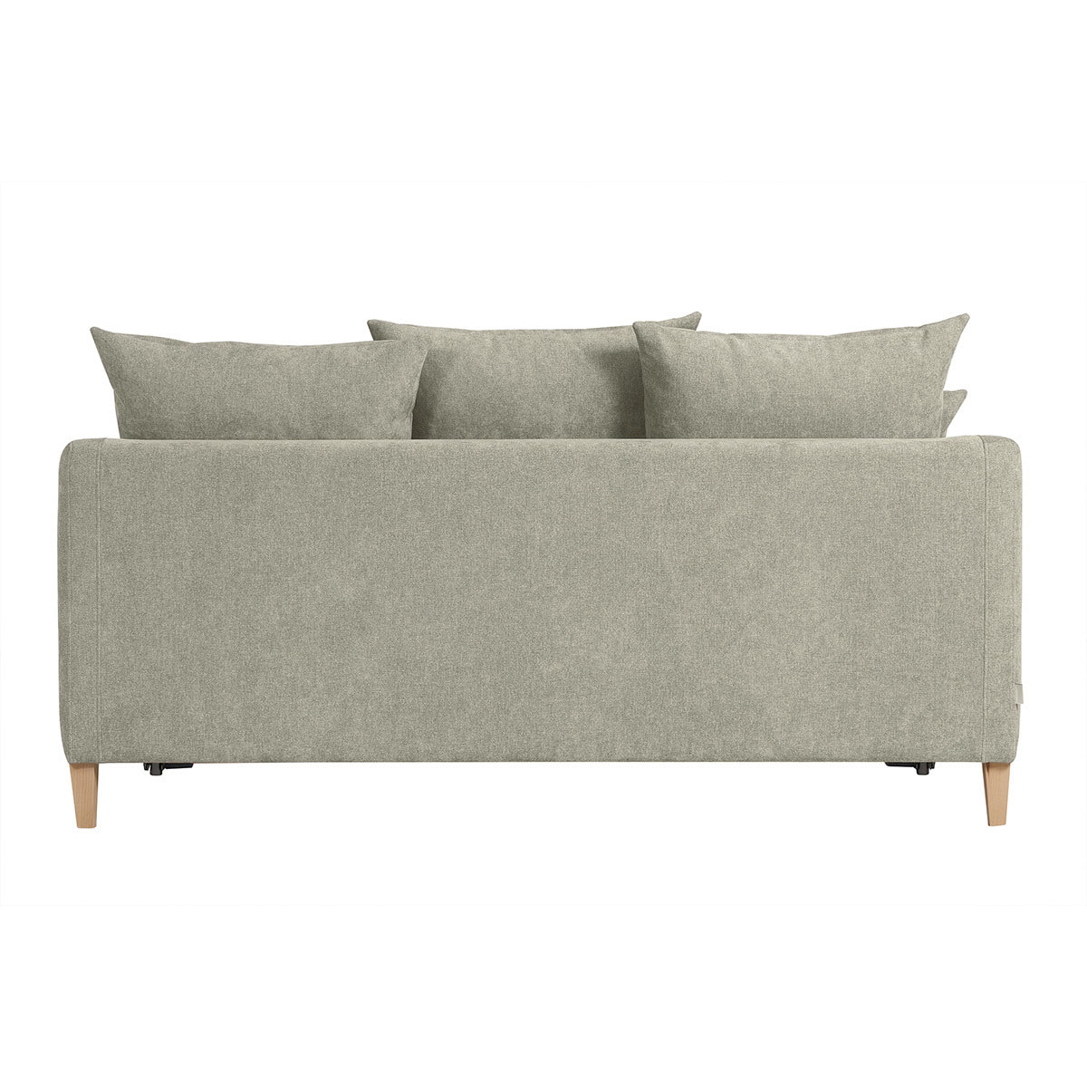 Canapé convertible scandinave 3 places en tissu effet velours taupe et bois clair LOUISE