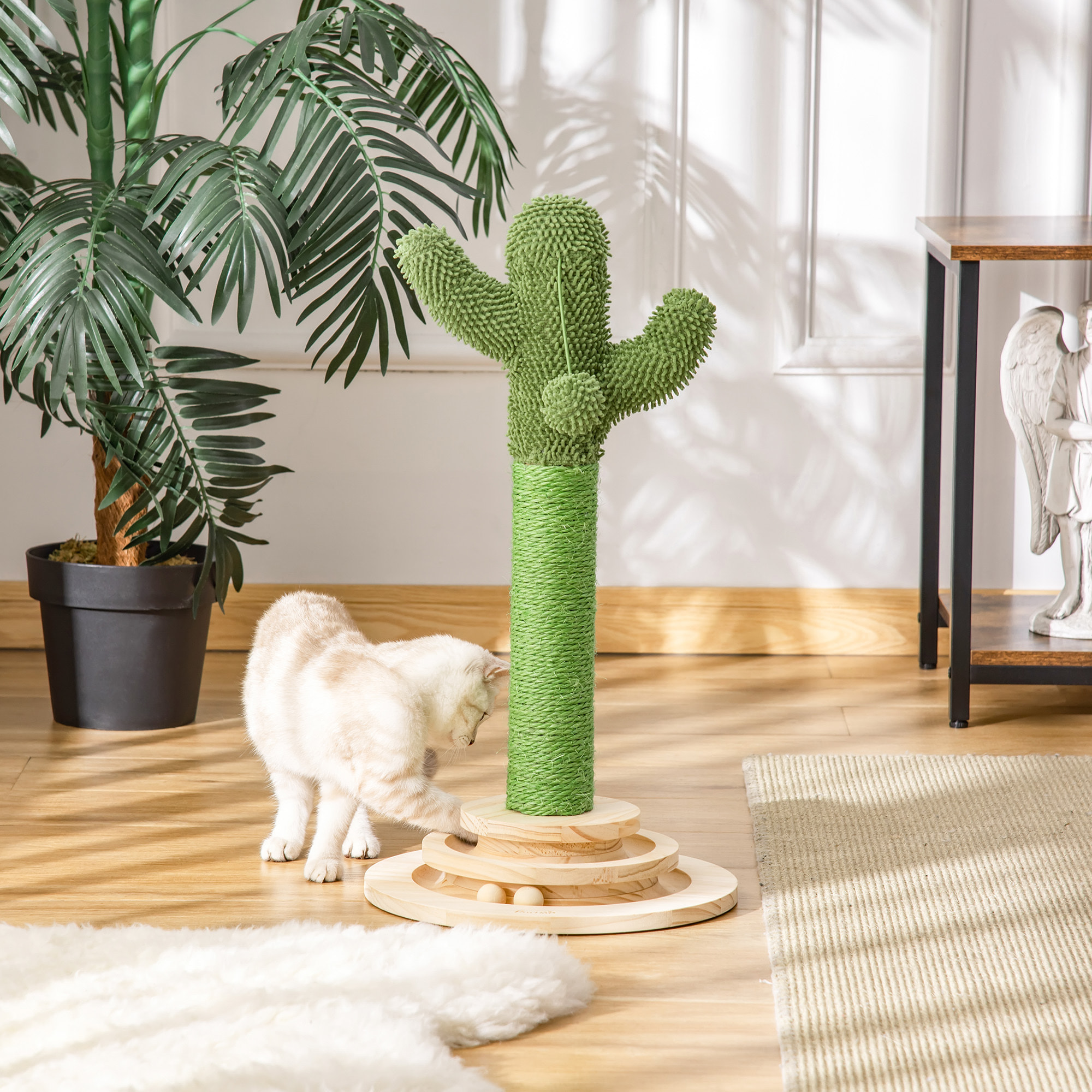 Griffoir chat design cactus - jouet pompon suspendu, jouet boules - bois de pin sisal vert