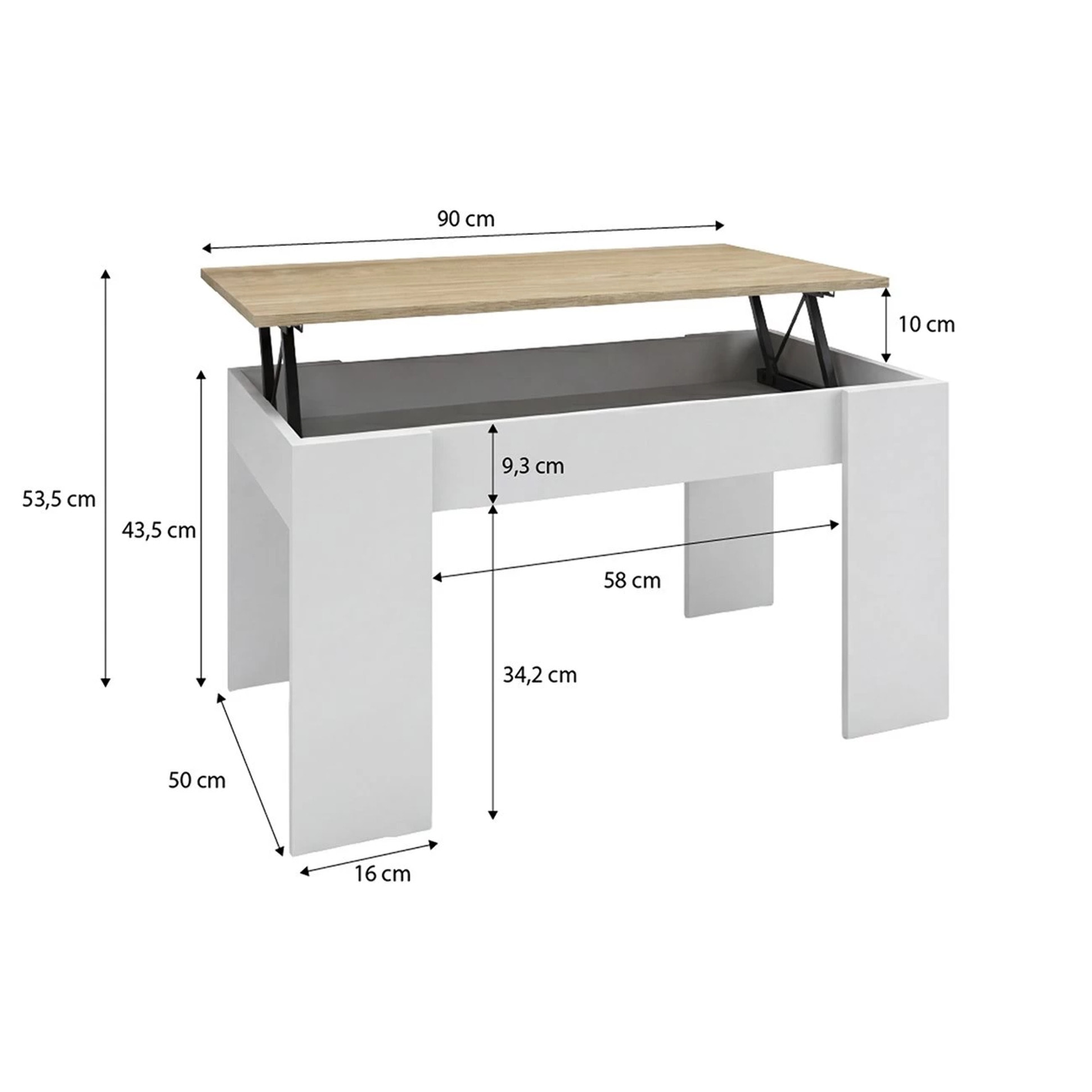 Mesa de centro elevable con almacenaje en blanco artik y roble canadian 90x43-53 cm Norak Blanco Artik (Blanco Mate) - Roble Canadian