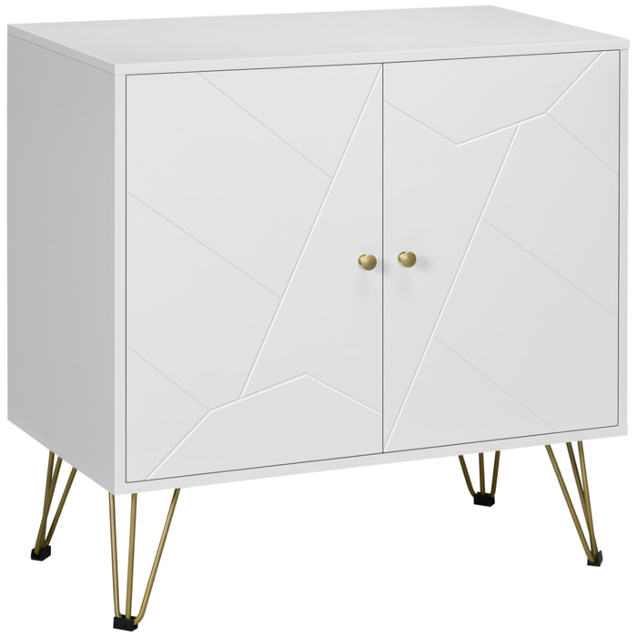 Buffet 2 portes 2 étagères style Art déco motif graphique piètement épingle poignées métal doré MDF blanc