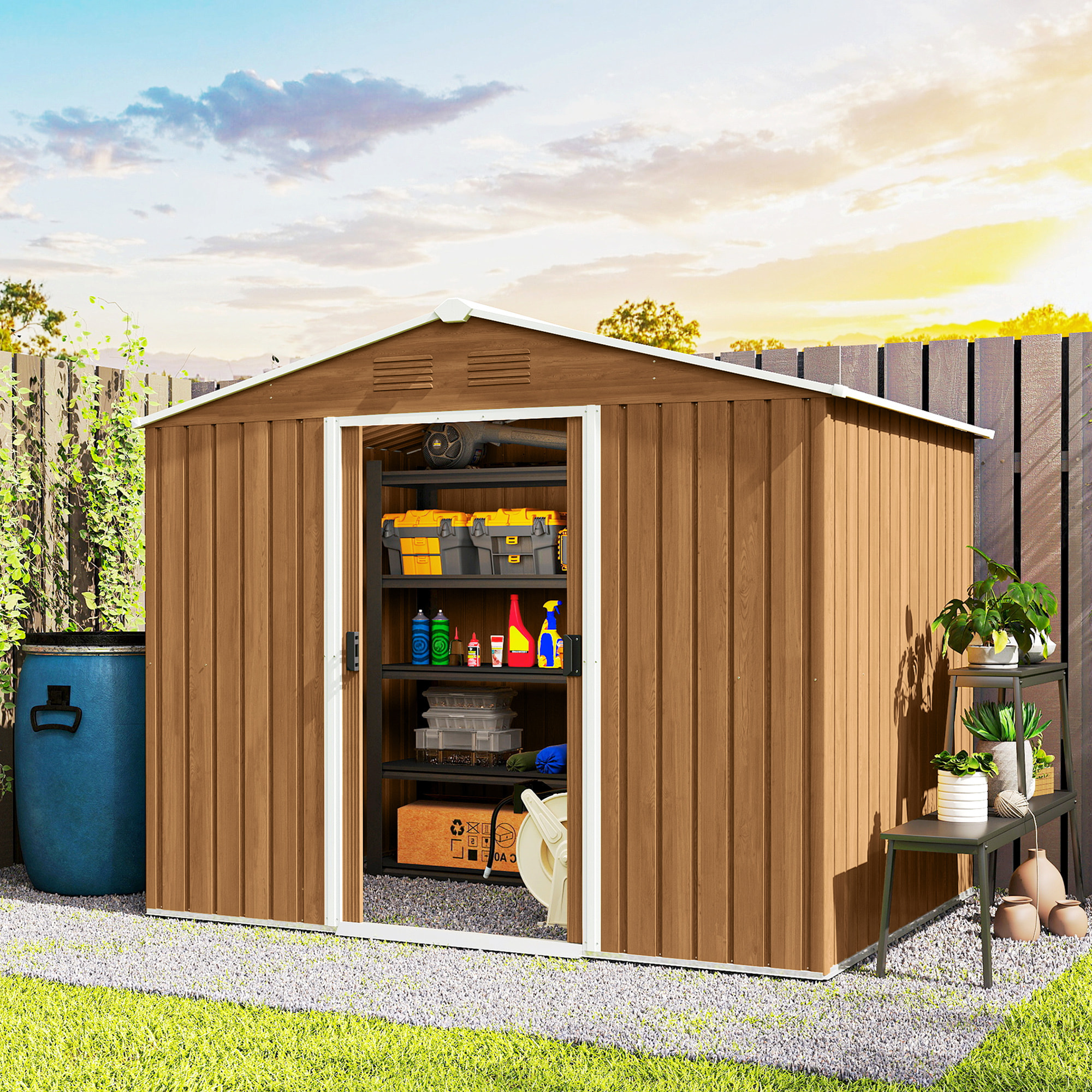 Abri de jardin tôle acier galvanisé effet bois 3,6 m² 2 portes coulissantes