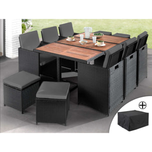 Cuba - Salon de jardin encastrable 10 places - en résine tressée - Noir avec coussins gris + housse de protection - Noir / Gris