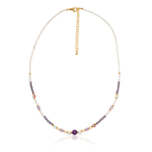 Collar de amatista, piedras Shoushan, conchas blancas y perlas naturales con cierre de mosquetón.