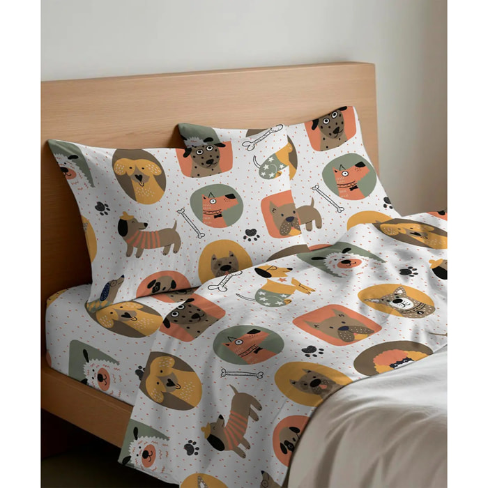 Lenzuolo superiore CANI 100% Flanella e Made in Italy fumetto cuccioli cani
