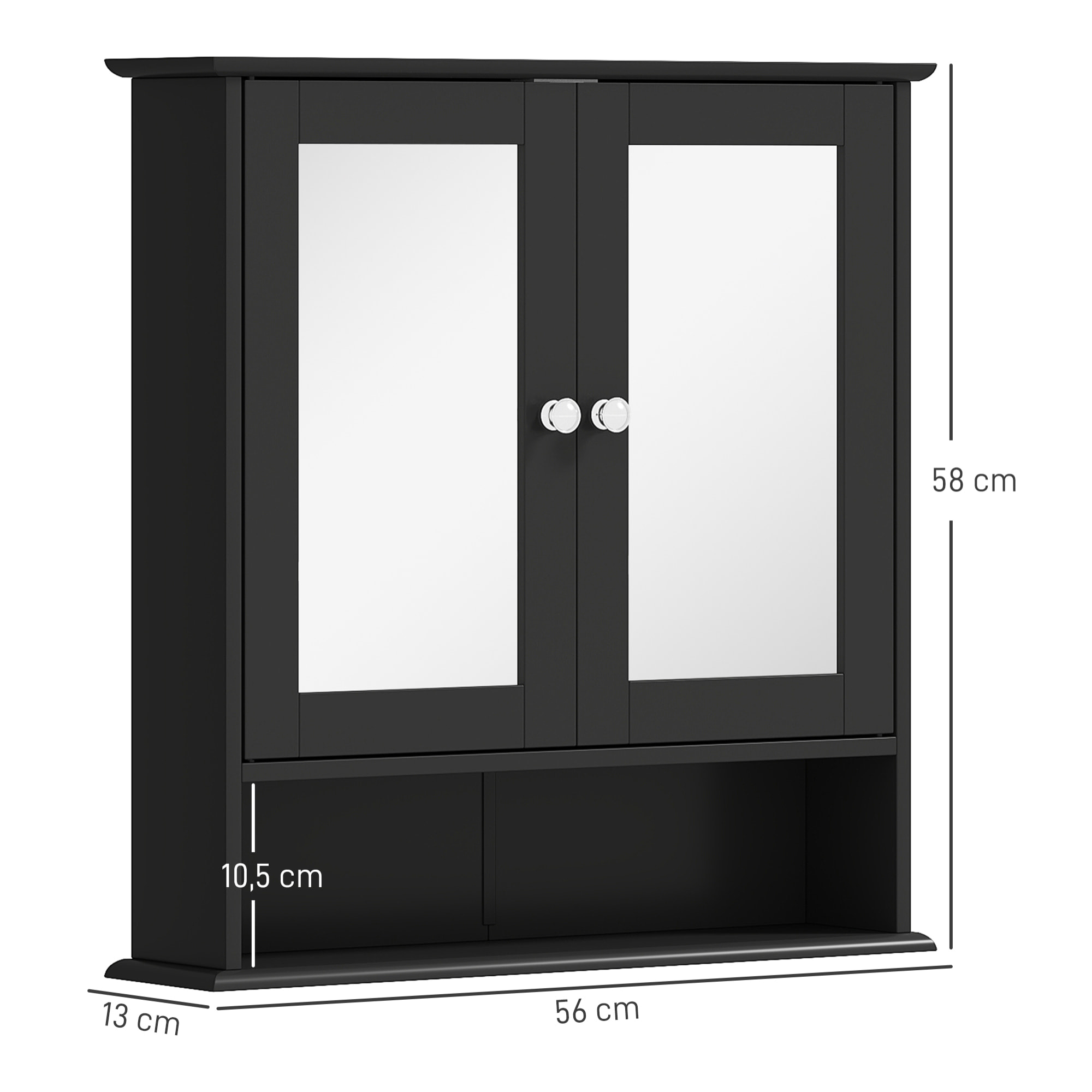 Armario de Baño con Espejo, Armario de Pared con 2 Puertas, Estante Abierto, Estante Ajustable, Mueble de Baño Colgar para Cocina, Salón, 56x13x58 cm, Negro