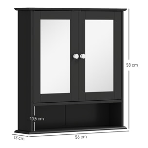 Armario de Baño con Espejo, Armario de Pared con 2 Puertas, Estante Abierto, Estante Ajustable, Mueble de Baño Colgar para Cocina, Salón, 56x13x58 cm, Negro