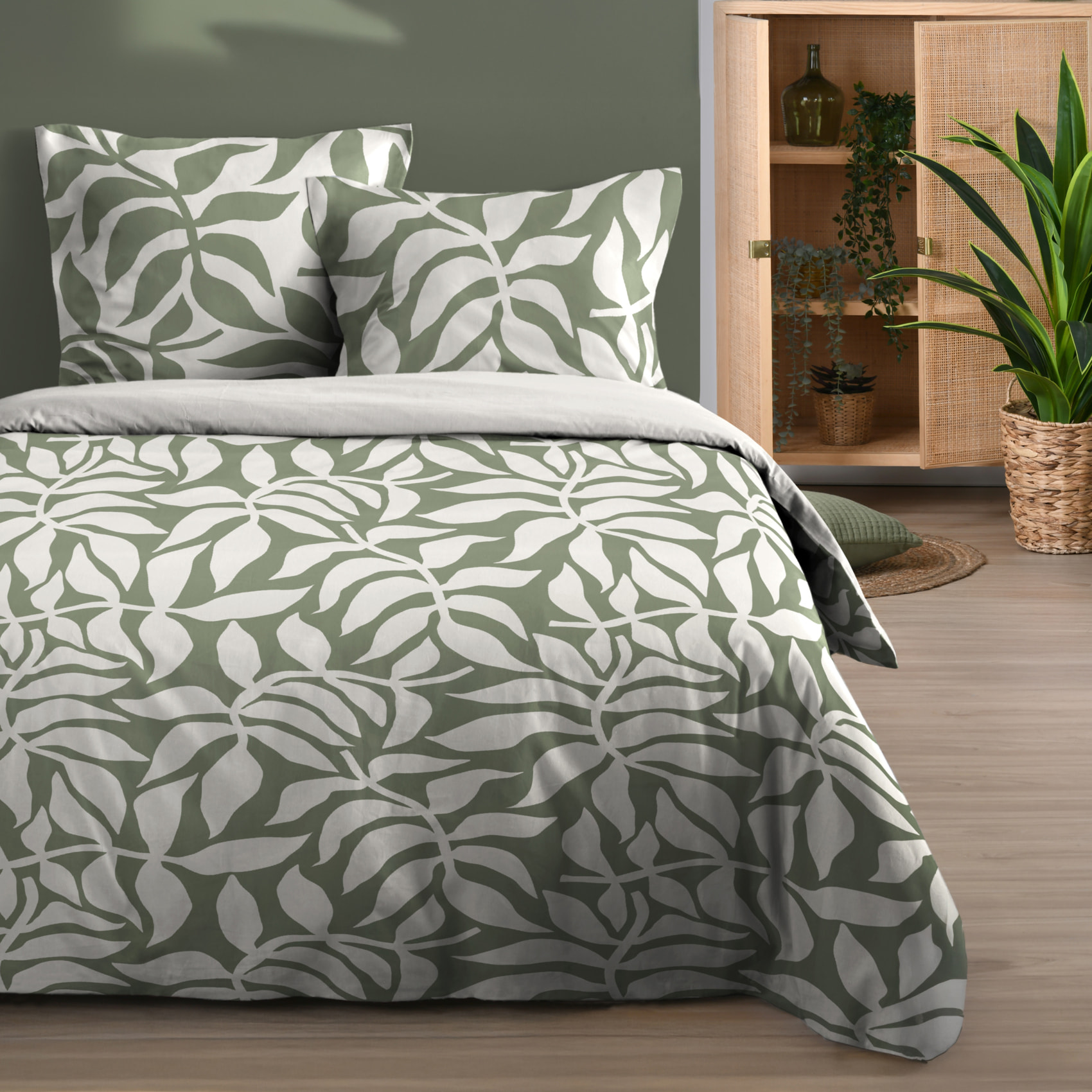 Parure de lit feuillage graphique contemporain - Vert