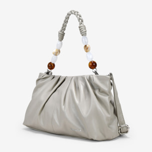 Bolso de mano beige con asa de cuentas