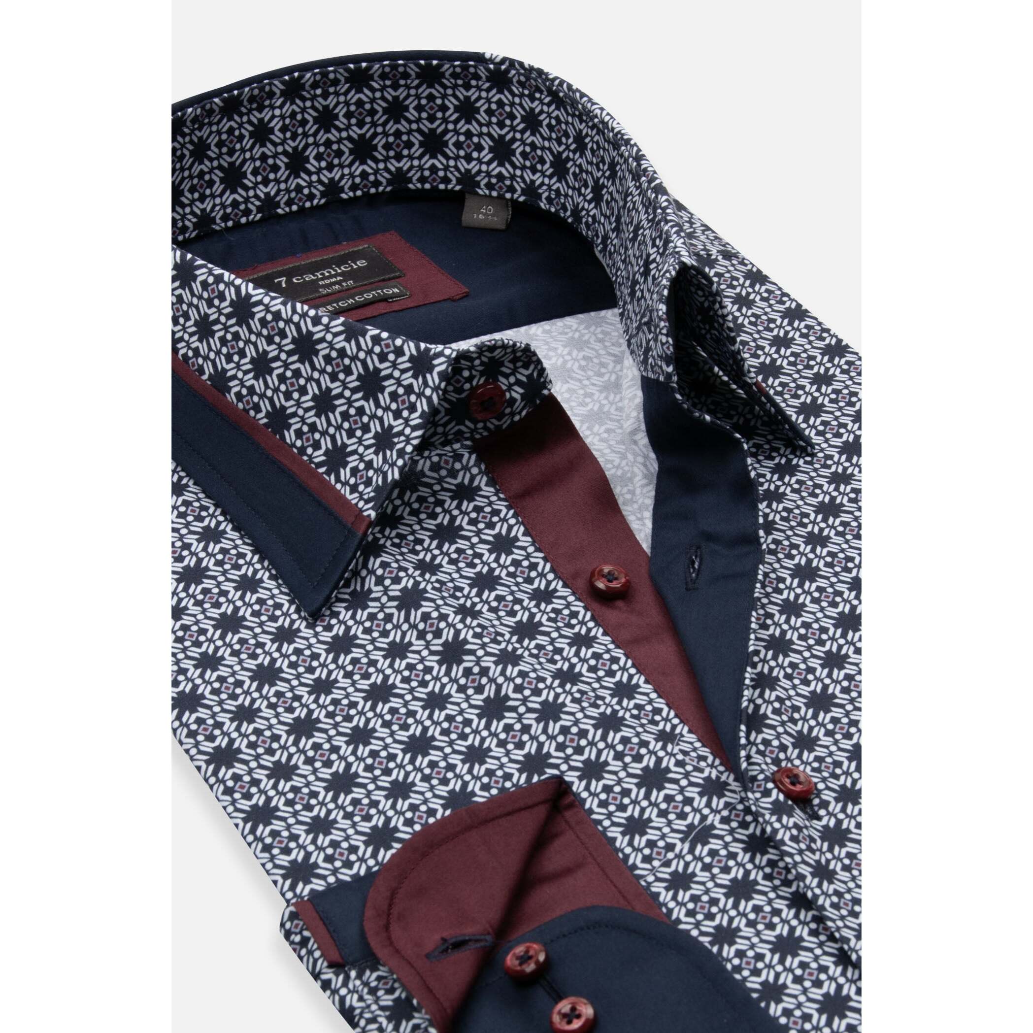 Camicia Uomo Italiano Slim Popeline Stretch Stampato Blu\Bianco