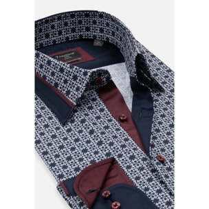 Camicia Uomo Italiano Slim Popeline Stretch Stampato Blu\Bianco