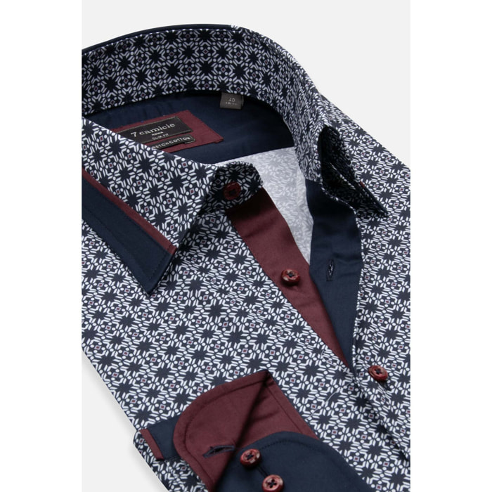Camicia Uomo Italiano Slim Popeline Stretch Stampato Blu\Bianco