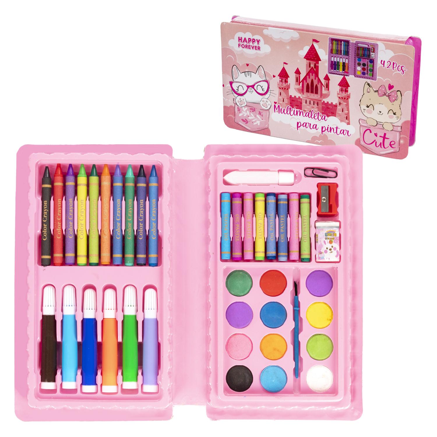 Set básico de pintura y dibujo 42 piezas acuarelas, ceras,rotuladores, pastel y accesorios.