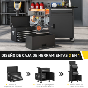 Carro de Herramientas con 6 Cajones y Cerraduras, 3 en 1, Carro de Taller Móvil con Ruedas y Panel Lateral Perforado, Caja de Herramientas Desmontable de Acero, para Taller, Garaje, Negro