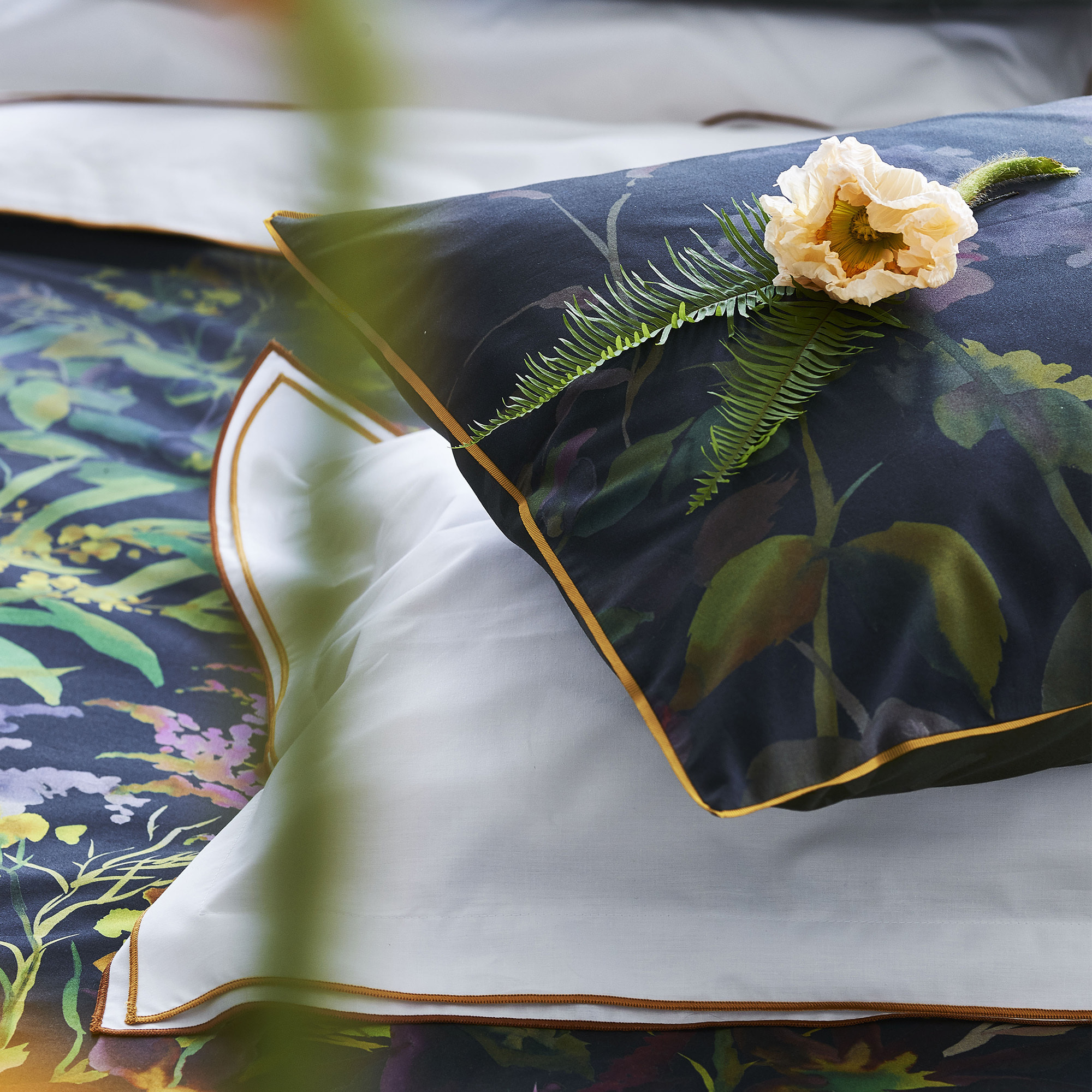 Housse de couette imprimée en percale de coton, INDIAN SUNFLOWER, Graphite