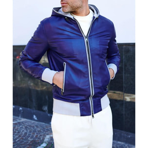 Giacca bomber in pelle blu elettrico con cappuccio