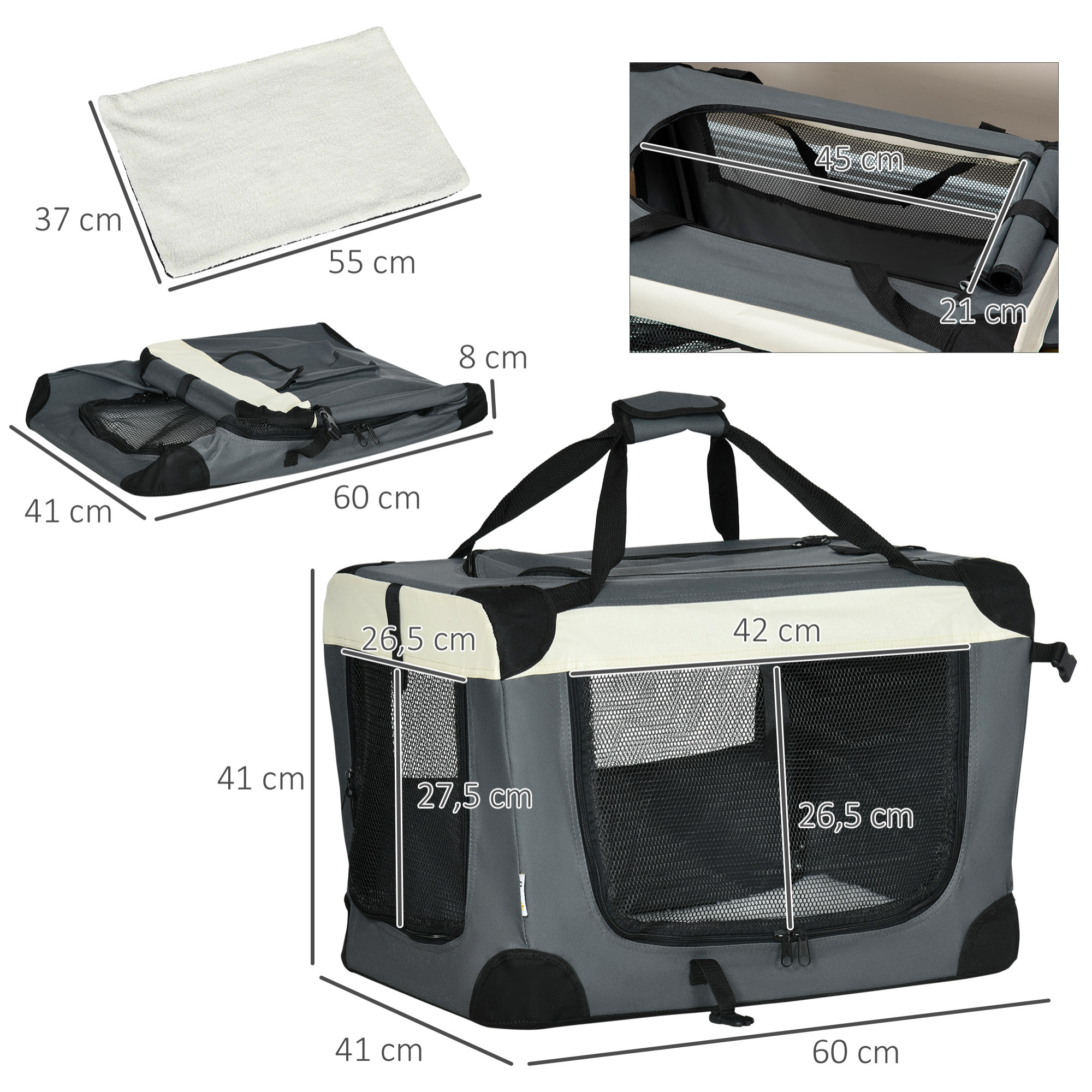 Transportín para Perros Plegable 60x41x41 cm Transportín para Mascotas con Ventanas Cojín Suave y 2 Correas del Hombro Bolsa de Transporte para Mini Perros Gatos Gris