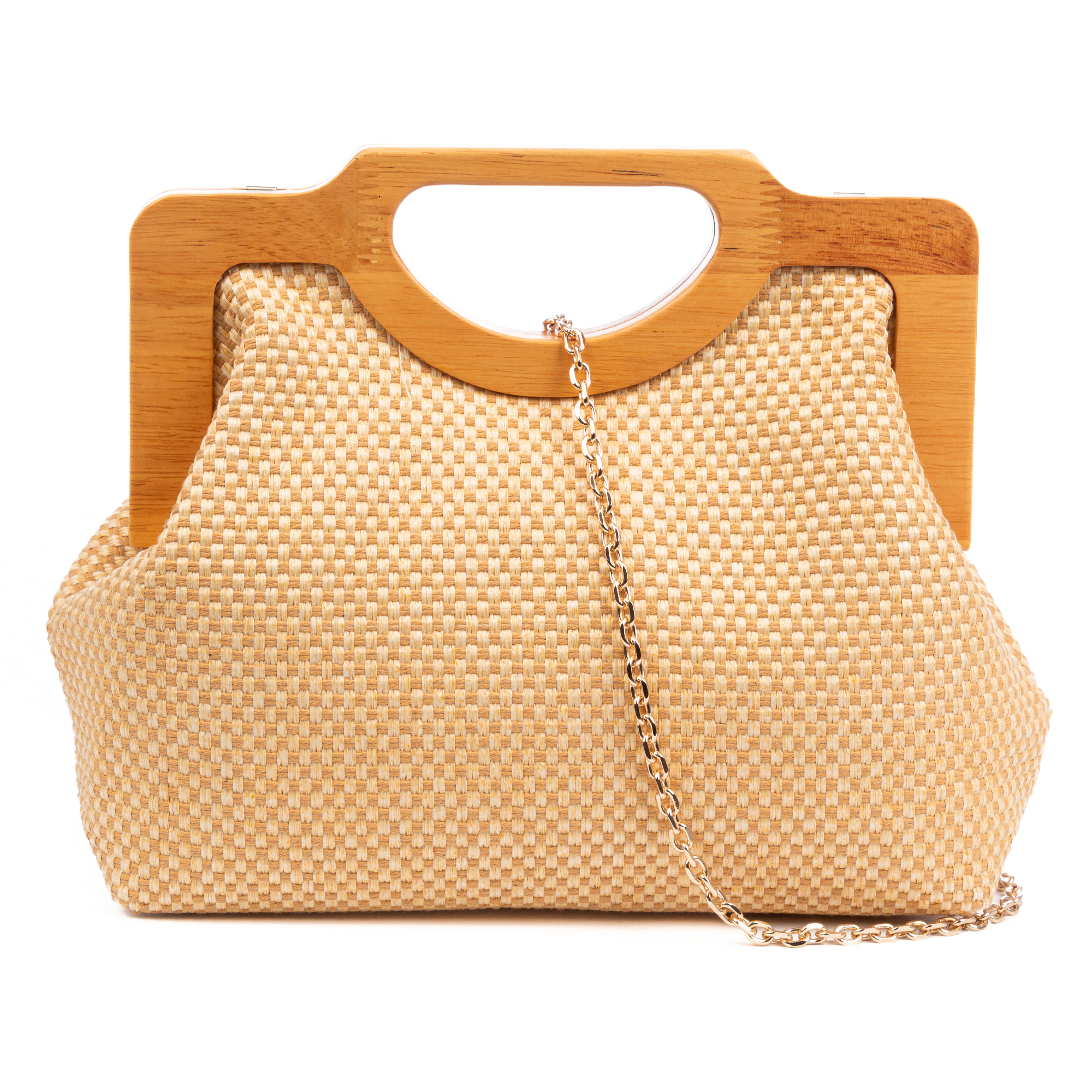 Bogna Bolso de mano Mujer. Fabricado en madera natural y rafia sintética entrelazada.