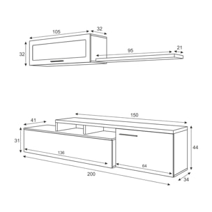 Parete attrezzata Chino, Mobile soggiorno porta TV, Composizione salotto reversibile, Set salotto ad angolo, cm 200x41h44, Rovere e Bianco lucido