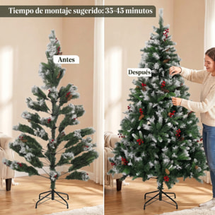 HOMCOM Árbol de Navidad 180 cm, Árbol de Navidad Artificial Nevado con 840 Ramas, Bayas Rojas, Piñas, Base de Acero Plegable, Montaje Rápido, Decoración Navideña para Salón, Interior, Verde