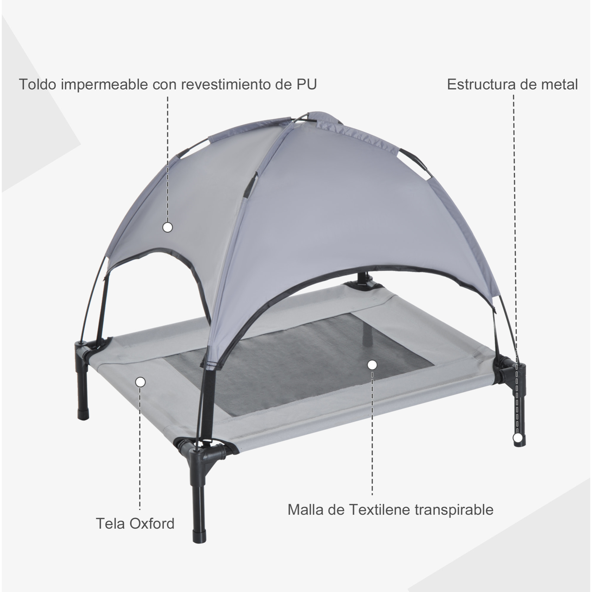 Cama Elevada para Mascotas Portátil con Toldo Extraíble Exterior 76x61x76 cm