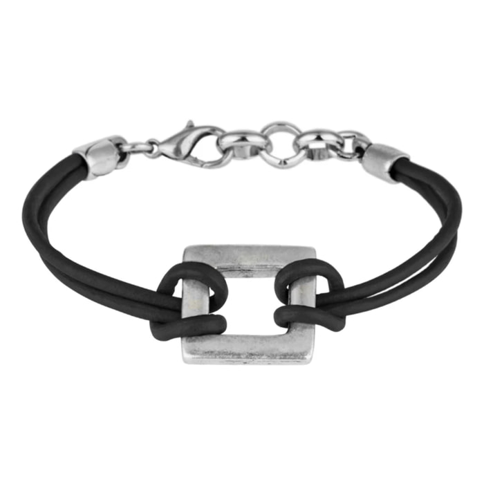 Pulsera cuero negro y cuadrado plata chapado plateado