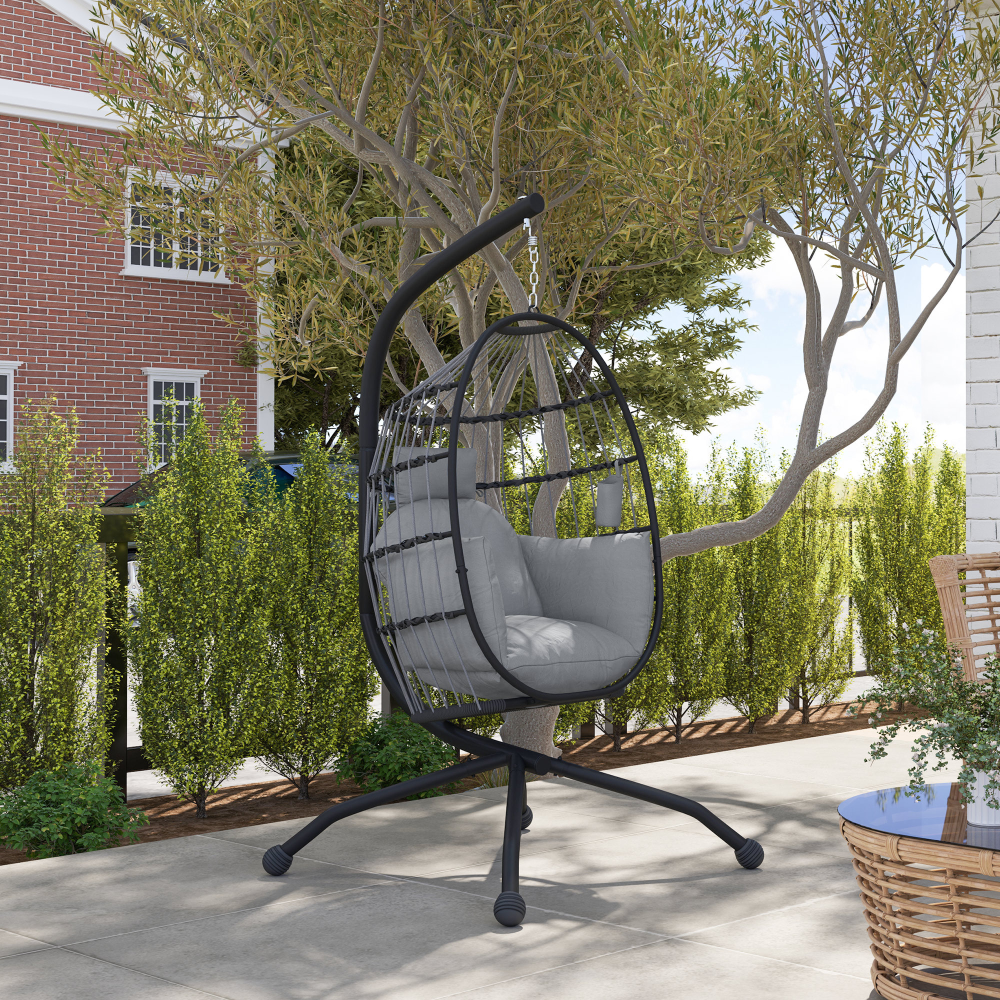 Silla Colgante Huevo con Soporte Columpio Jardín Exterior con Cesta Plegable Cojín y Reposacabezas Portavaso Columpio Colgante para Interior y Exterior Carga 120 kg Gris