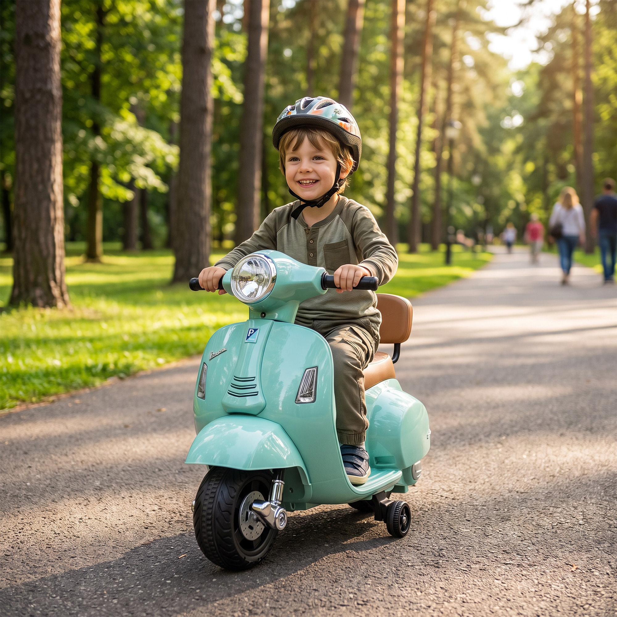 Moto Eléctrica para Niños Licencia Mini Vespa GTS 6V, Moto Eléctrica Infantil con 2 Ruedas Auxiliares, Batería de Litio, Faro, Bocina, Respaldo, 2,5 km/h, Avance y Atrás, 18-36 Meses, Verde