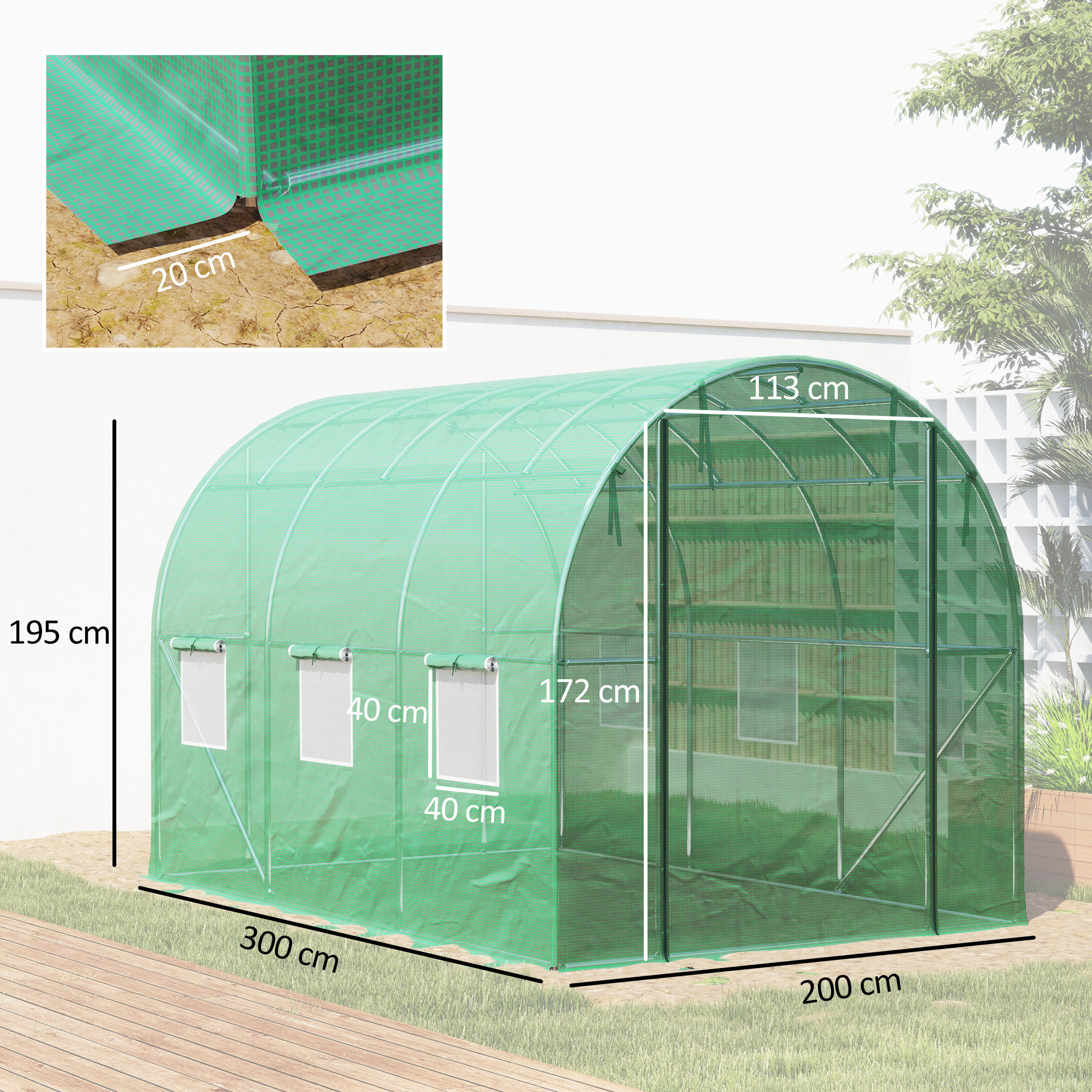 Serre de jardin 6 m² - porte zippée enroulable, 6 fenêtres - acier galvanisé PE haute densité 170 g/m² vert
