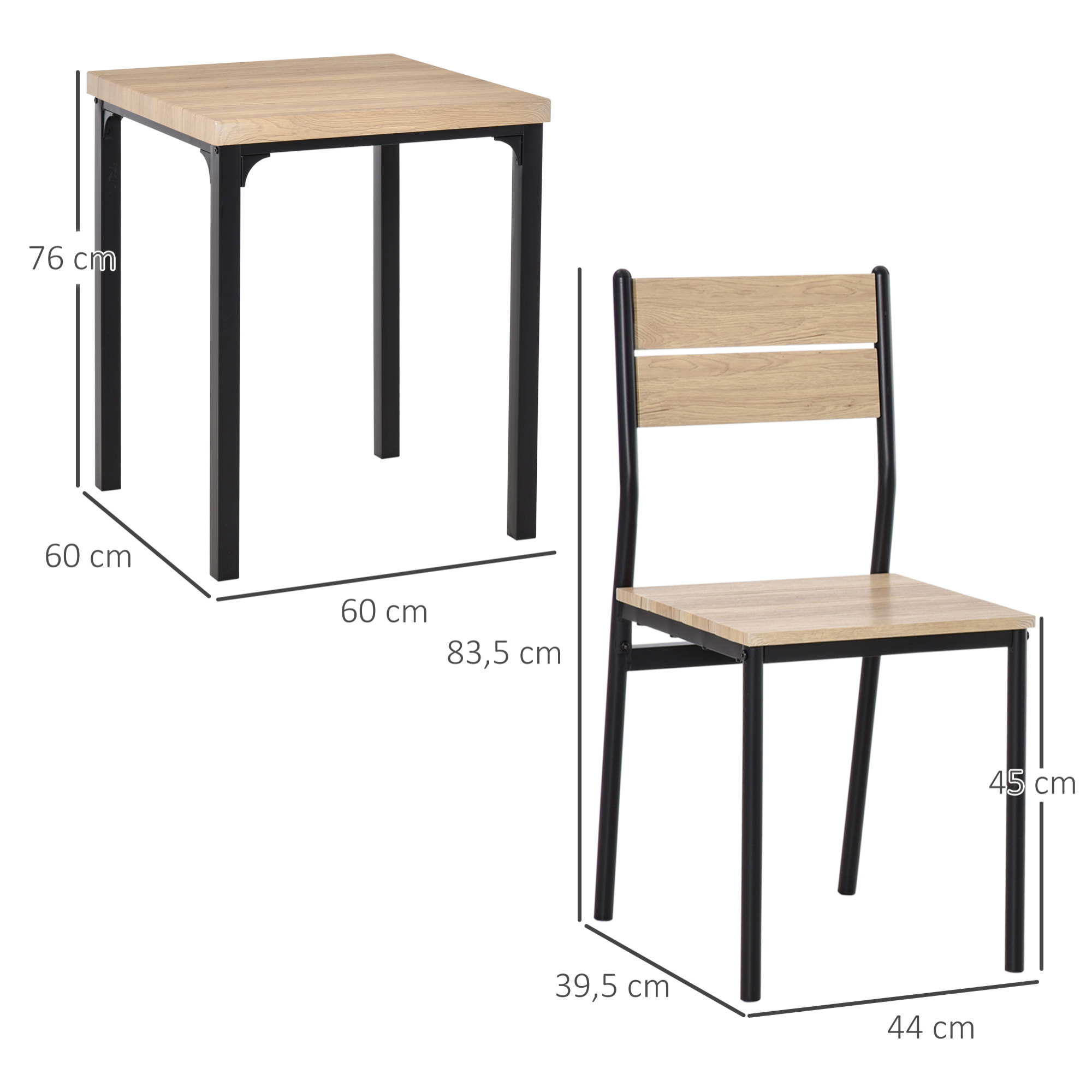 Table avec 2 chaises style industriel acier noir MDF coloris bois de chêne