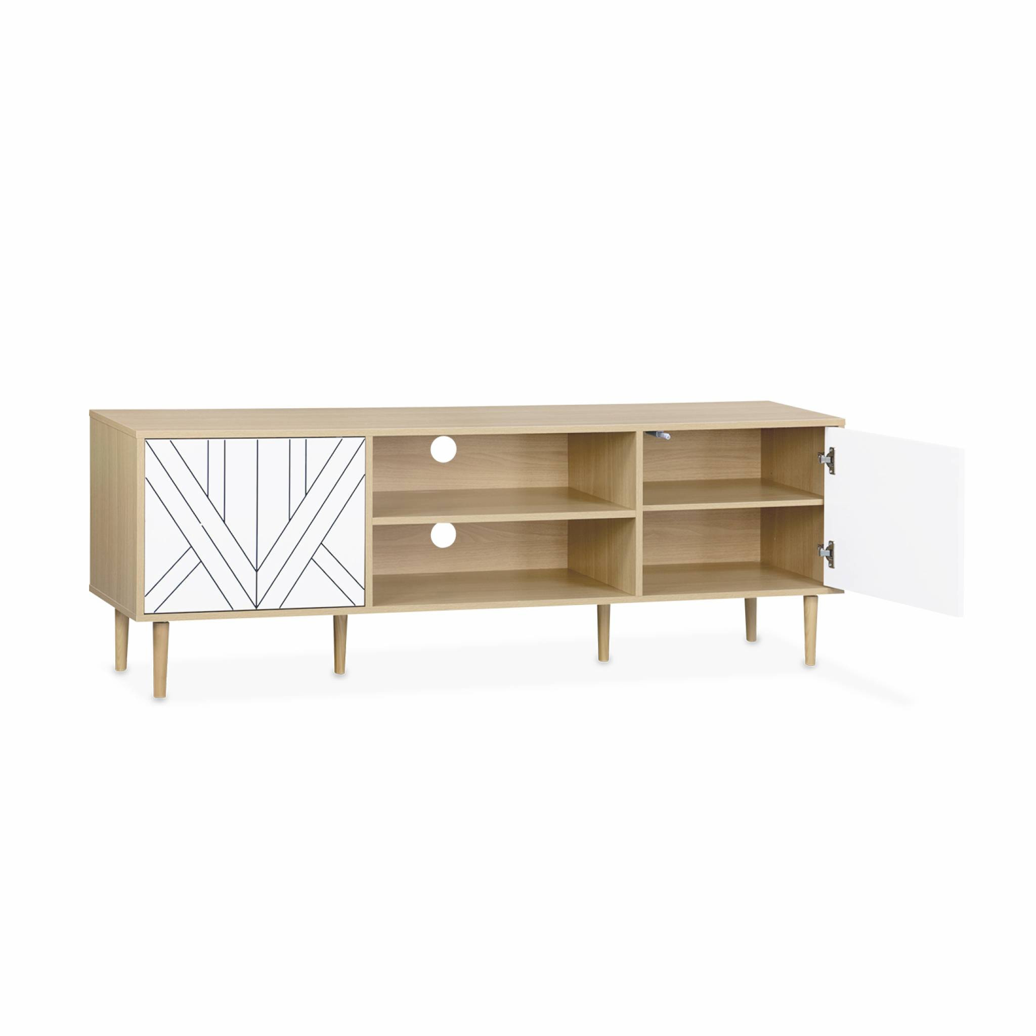 Meuble TV décor bois & blanc - Mika - 2 niveaux. 3 étagères. 2 portes. L 160 x l 40 x H 56cm
