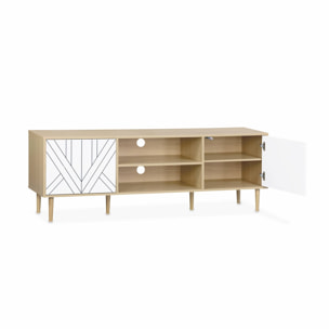 Meuble TV décor bois & blanc - Mika - 2 niveaux. 3 étagères. 2 portes. L 160 x l 40 x H 56cm