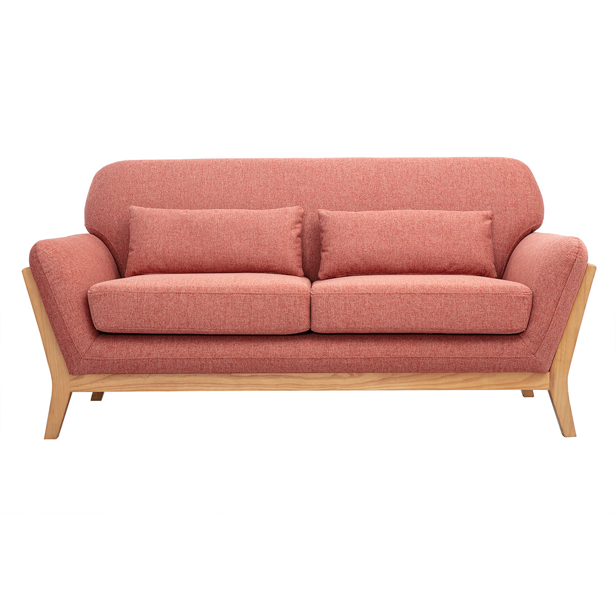 Canapé scandinave 2 places en tissu effet velours texturé terracotta et bois clair YOKO