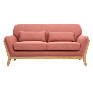 Canapé scandinave 2 places en tissu effet velours texturé terracotta et bois clair YOKO