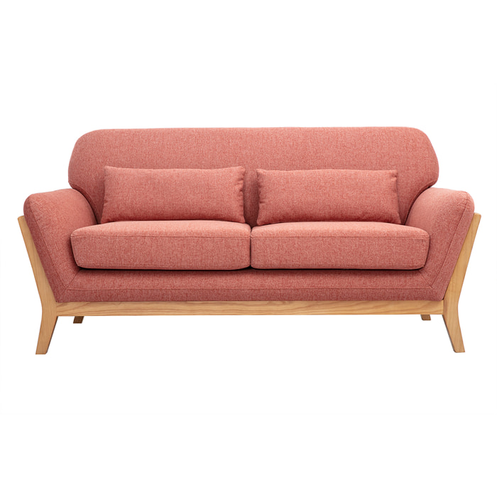 Canapé scandinave 2 places en tissu effet velours texturé terracotta et bois clair YOKO