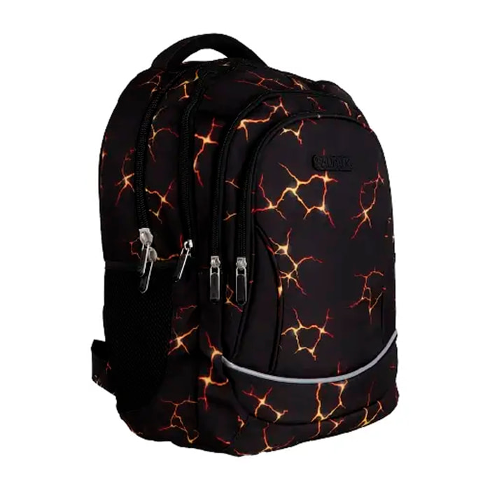 Zaino scolastico con quattro cerniere, pannello imbottito, dettagli riflettenti e compatibile con trolley. 30x16x42 cm.