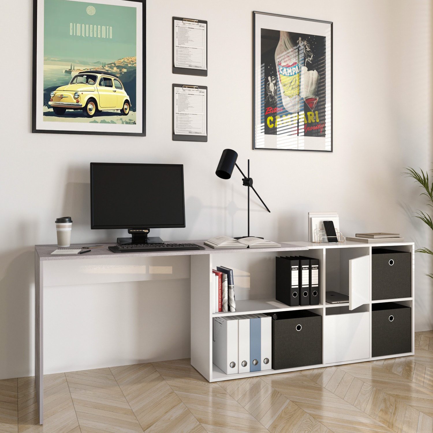 Scrivania Multiposizione con Scompartimenti Murcia Scrittoio Mobile per Computer Desk da Ufficio Soggiorno Sala Pranzo 136x74x66 cm Bianco E Grigio