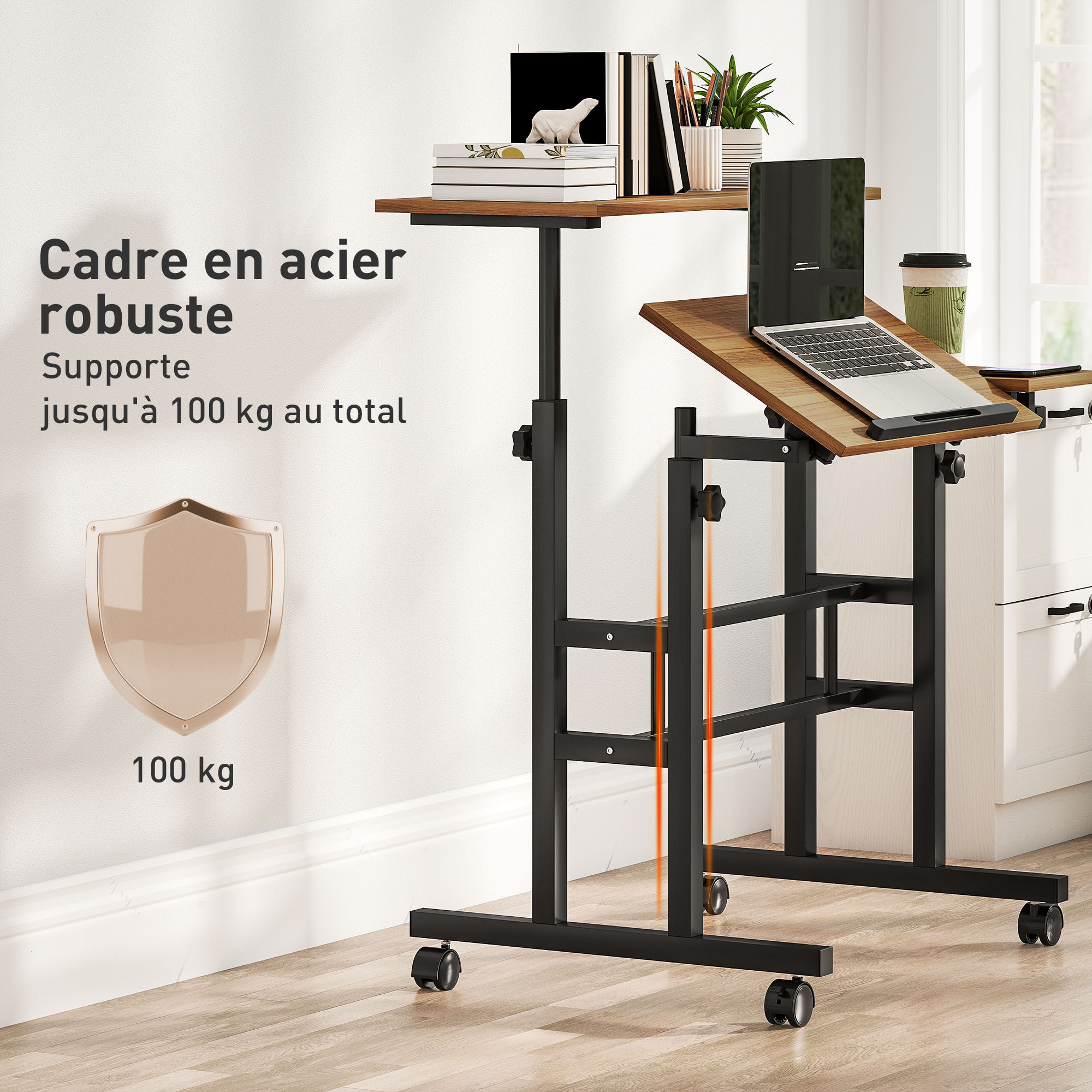 Bureau assis debout inclinable réglable H.70,5-120 cm mobile 3 plateaux métal noir effet bois
