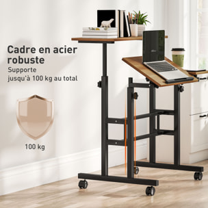 Bureau assis debout inclinable réglable H.70,5-120 cm mobile 3 plateaux métal noir effet bois