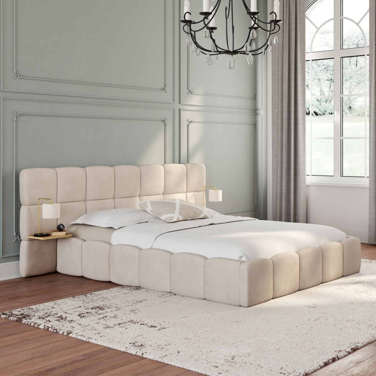 Lit coffre Bubble 140x190cm velours beige chevets intégrés
