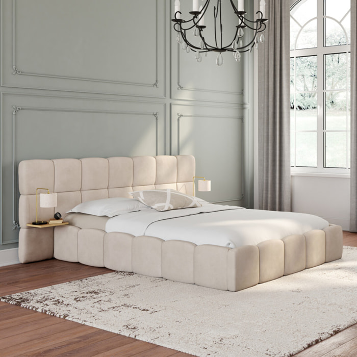 Lit coffre Bubble 140x190cm velours beige chevets intégrés