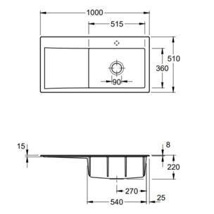 Evier a encastrer 1 bac Subway Style 60 egouttoir à gauche vidage automatique Stone White CeramicPlus