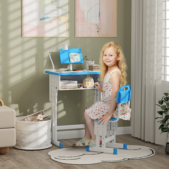 Juego de Escritorio y Silla para Niños de 6-12 Años Pupitre Infantil Altura Ajustable con 1 Cajón 1 Ranura para Lápiz y 1 Estante para Libros Acero 60x45x90-102 cm Azul