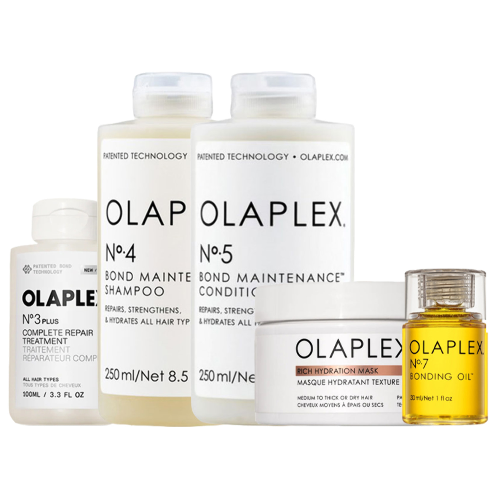 OLAPLEX Kit Treatment N°3 Plus 100ml + Shampoo N°4 250ml + Conditioner N°5 250ml + Rich Mask 200ml + Oil N°7 30ml