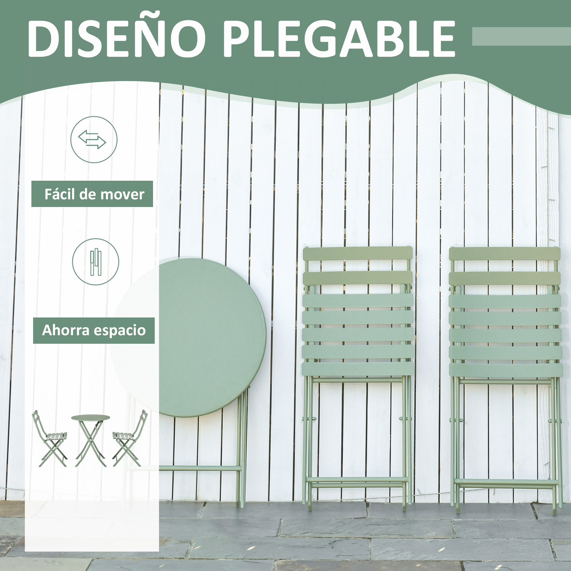 Conjunto de Muebles de Jardín Plegable Juego de 1 Mesa Redondo y 2 Sillas de Terraza con Marco de Acero y Respaldo para Balcón Patio Verde Oscuro