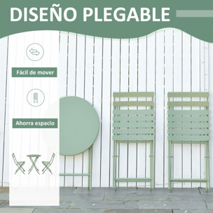 Conjunto de Muebles de Jardín Plegable Juego de 1 Mesa Redondo y 2 Sillas de Terraza con Marco de Acero y Respaldo para Balcón Patio Verde Oscuro