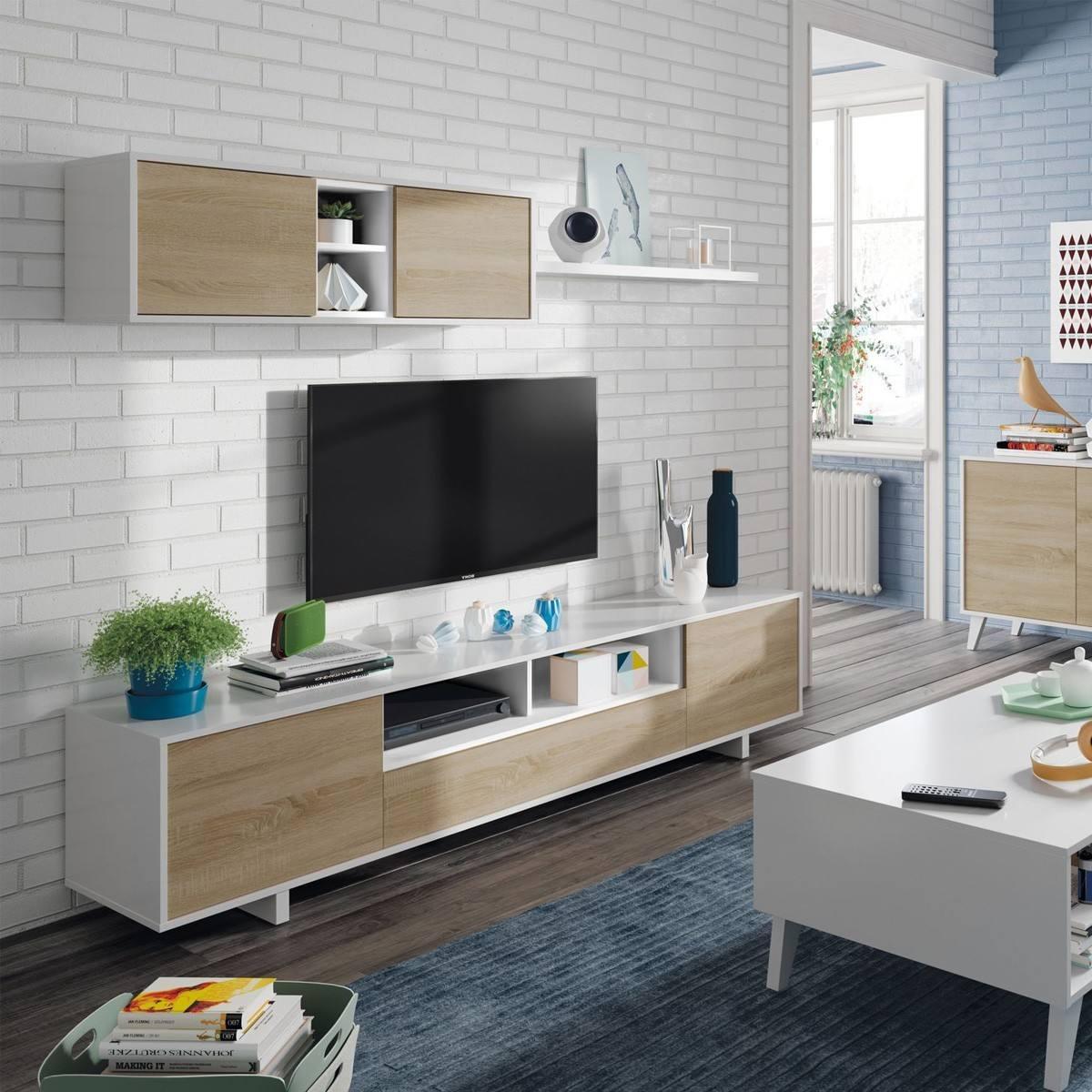 Parete attrezzata Hartford, Mobile da soggiorno porta TV, Composizione set salotto, Set salotto con pensile, cm 260x41h46, Bianco lucido e Rovere