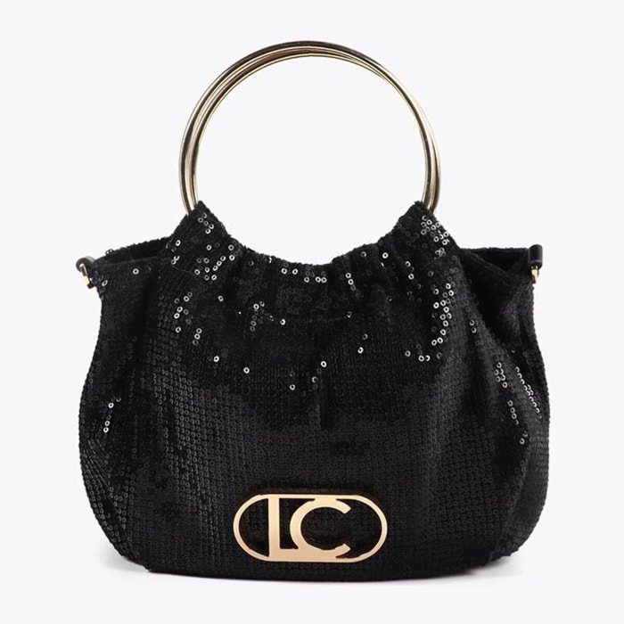 Borsetta in tessuto di paillettes con manico circolare